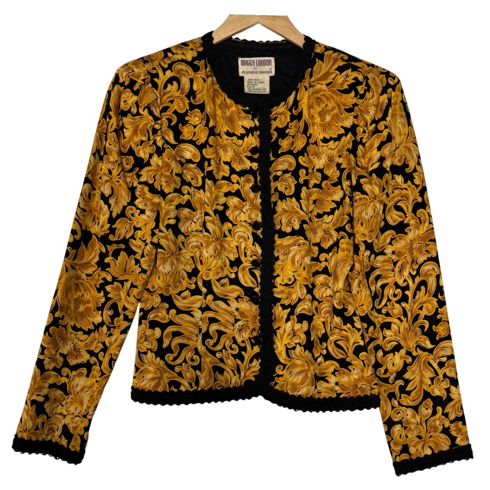 Vtg Maggy London Silk Baroque Jacket Jeannene‎ Booher Womens Size 6 Black Gold